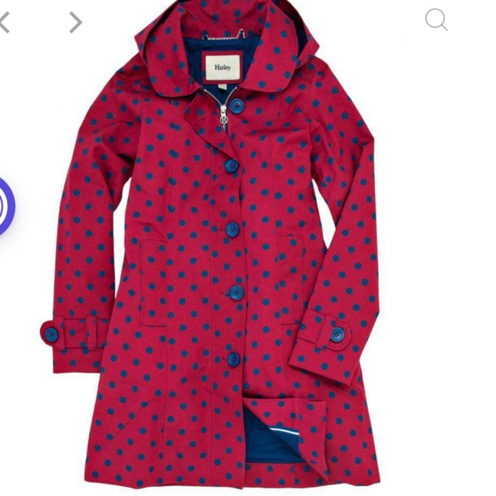 Hatley Polka Dot Blue Raincoat Jacket Coat 10 Hood Dark Fuchsia
